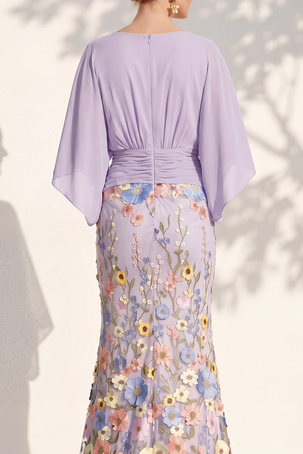 Champagne Long Floral Mermaid V-Neck Mother of the Bride Dress with Sleeves