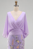 Champagne Long Floral Mermaid V-Neck Mother of the Bride Dress with Sleeves