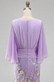 Champagne Long Floral Mermaid V-Neck Mother of the Bride Dress with Sleeves