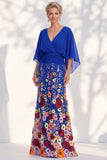 Champagne Long Floral Mermaid V-Neck Mother of the Bride Dress with Sleeves