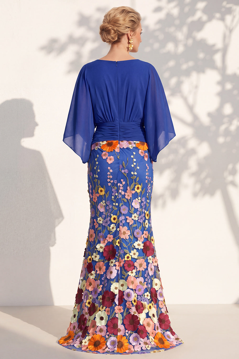 Champagne Long Floral Mermaid V-Neck Mother of the Bride Dress with Sleeves