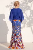 Champagne Long Floral Mermaid V-Neck Mother of the Bride Dress with Sleeves