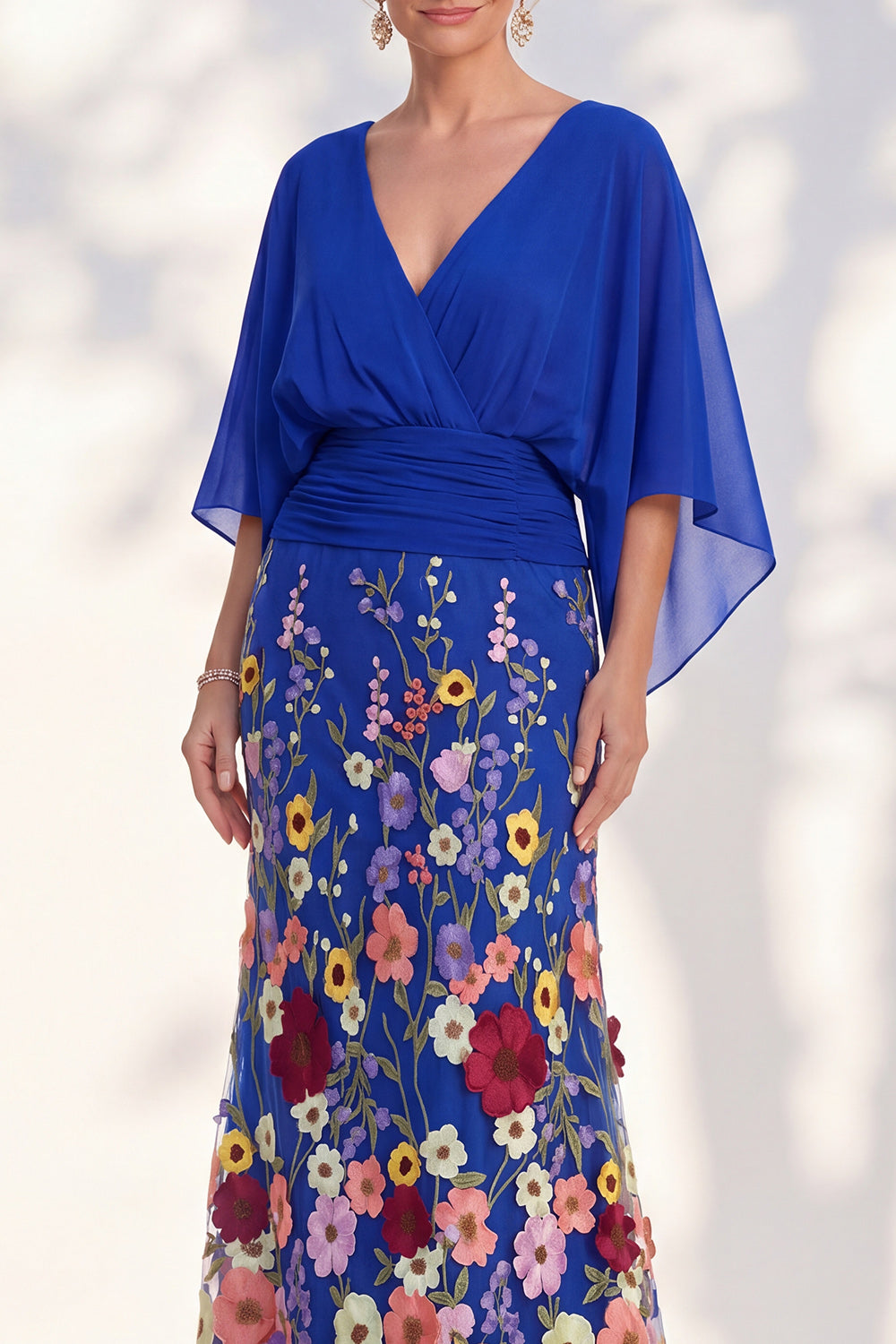 Champagne Long Floral Mermaid V-Neck Mother of the Bride Dress with Sleeves