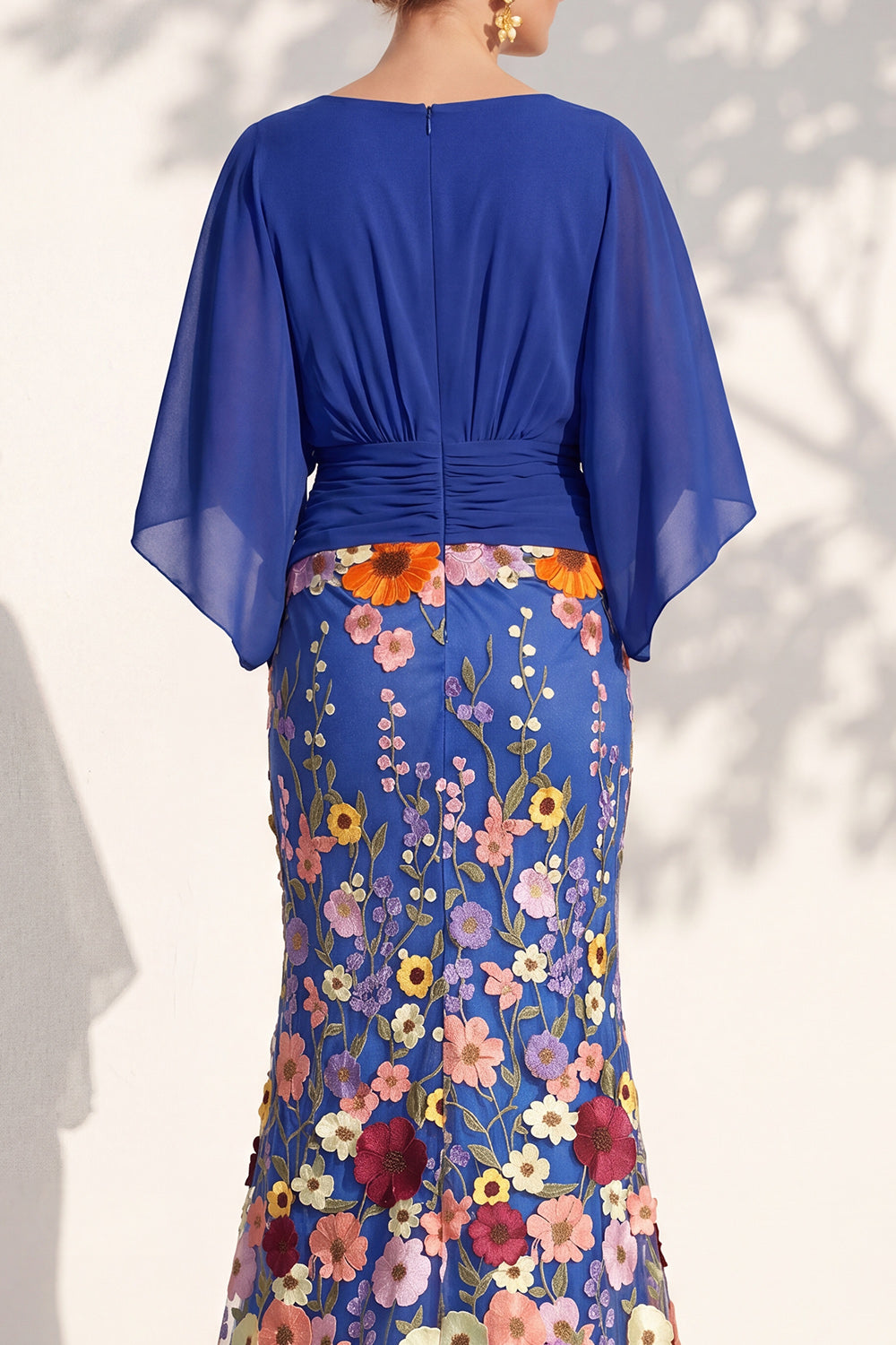 Champagne Long Floral Mermaid V-Neck Mother of the Bride Dress with Sleeves