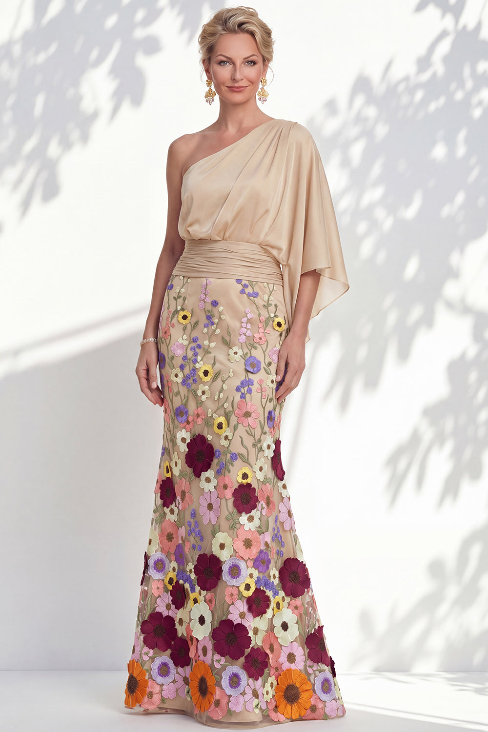 Lilac Long Floral Mermaid One Shoulder Mother of the Bride Dress with Sleeves