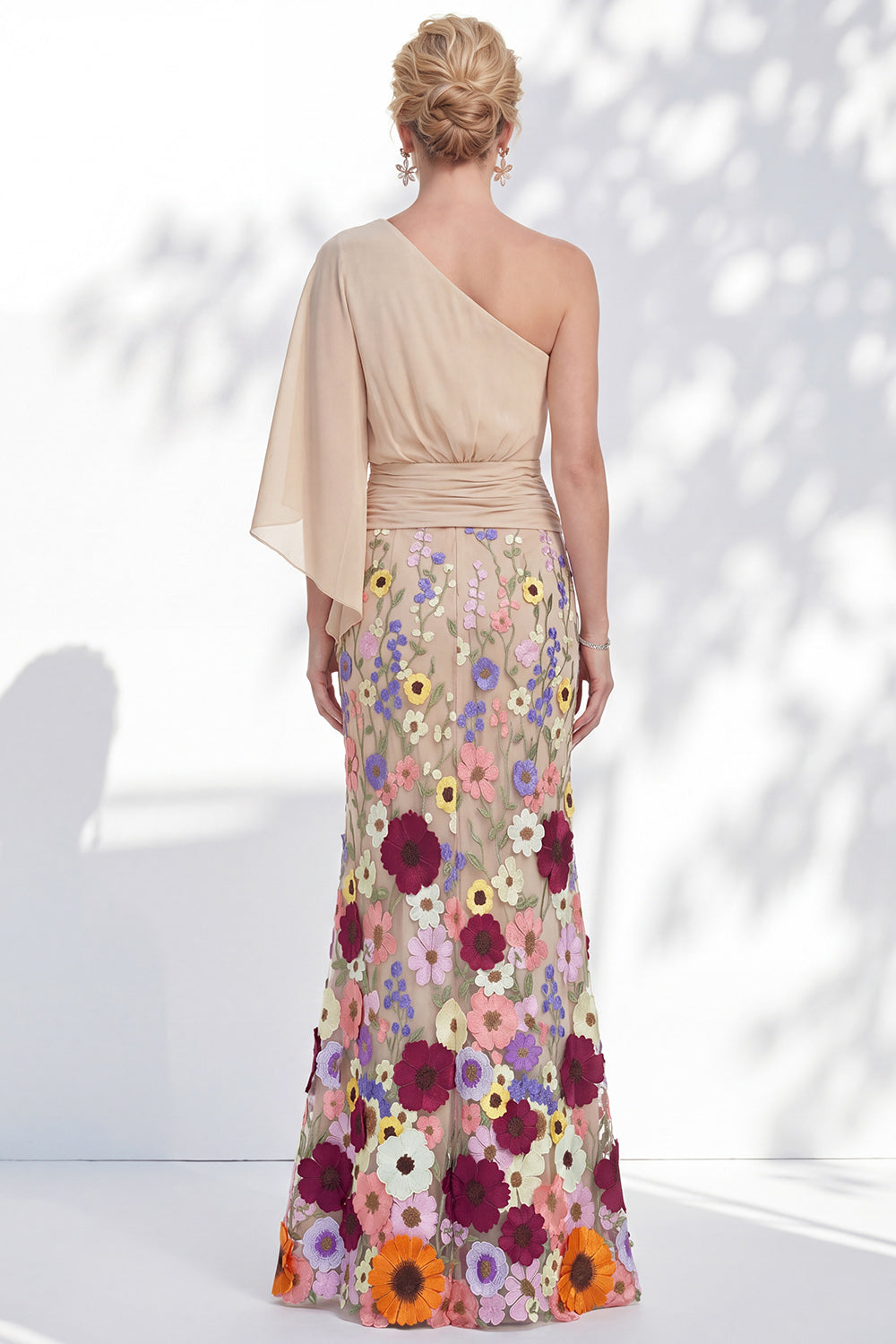 Lilac Long Floral Mermaid One Shoulder Mother of the Bride Dress with Sleeves
