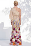 Lilac Long Floral Mermaid One Shoulder Mother of the Bride Dress with Sleeves