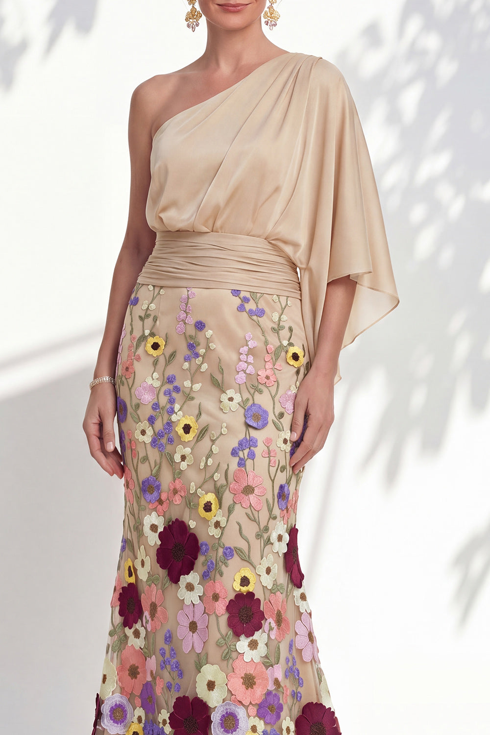 Lilac Long Floral Mermaid One Shoulder Mother of the Bride Dress with Sleeves