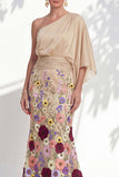Lilac Long Floral Mermaid One Shoulder Mother of the Bride Dress with Sleeves