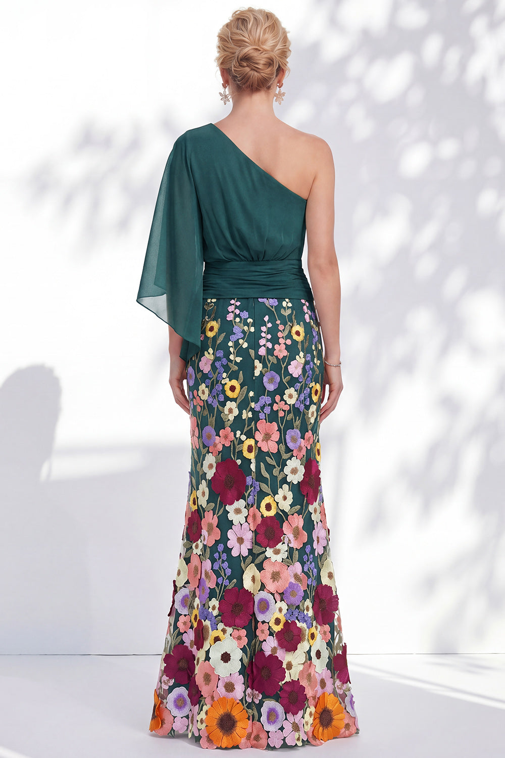 Lilac Long Floral Mermaid One Shoulder Mother of the Bride Dress with Sleeves