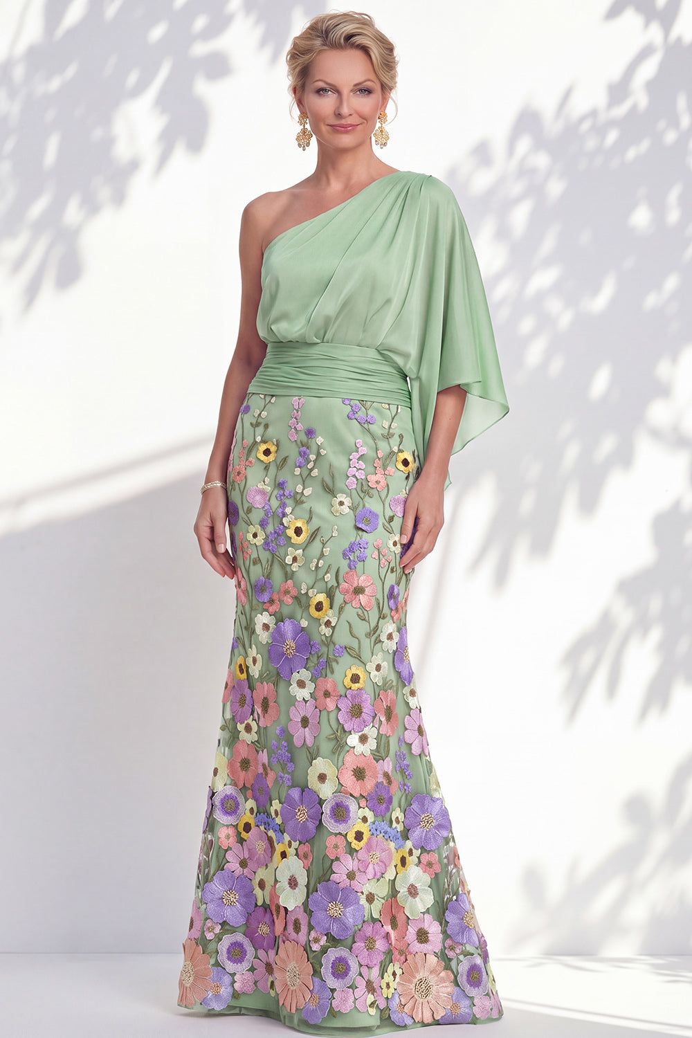 Lilac Long Floral Mermaid One Shoulder Mother of the Bride Dress with Sleeves
