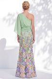 Lilac Long Floral Mermaid One Shoulder Mother of the Bride Dress with Sleeves