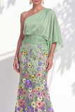Lilac Long Floral Mermaid One Shoulder Mother of the Bride Dress with Sleeves