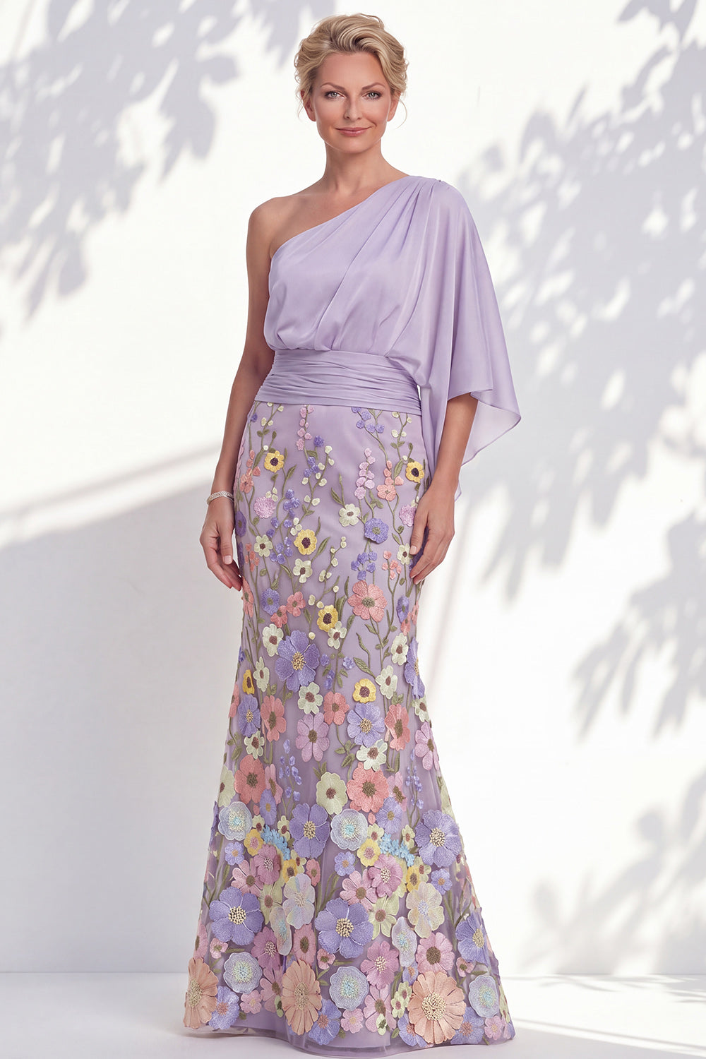 Lilac Long Floral Mermaid One Shoulder Mother of the Bride Dress with Sleeves