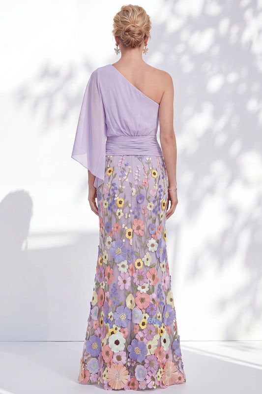 Lilac Long Floral Mermaid One Shoulder Mother of the Bride Dress with Sleeves