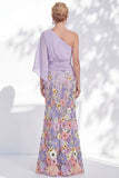 Lilac Long Floral Mermaid One Shoulder Mother of the Bride Dress with Sleeves
