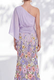 Lilac Long Floral Mermaid One Shoulder Mother of the Bride Dress with Sleeves