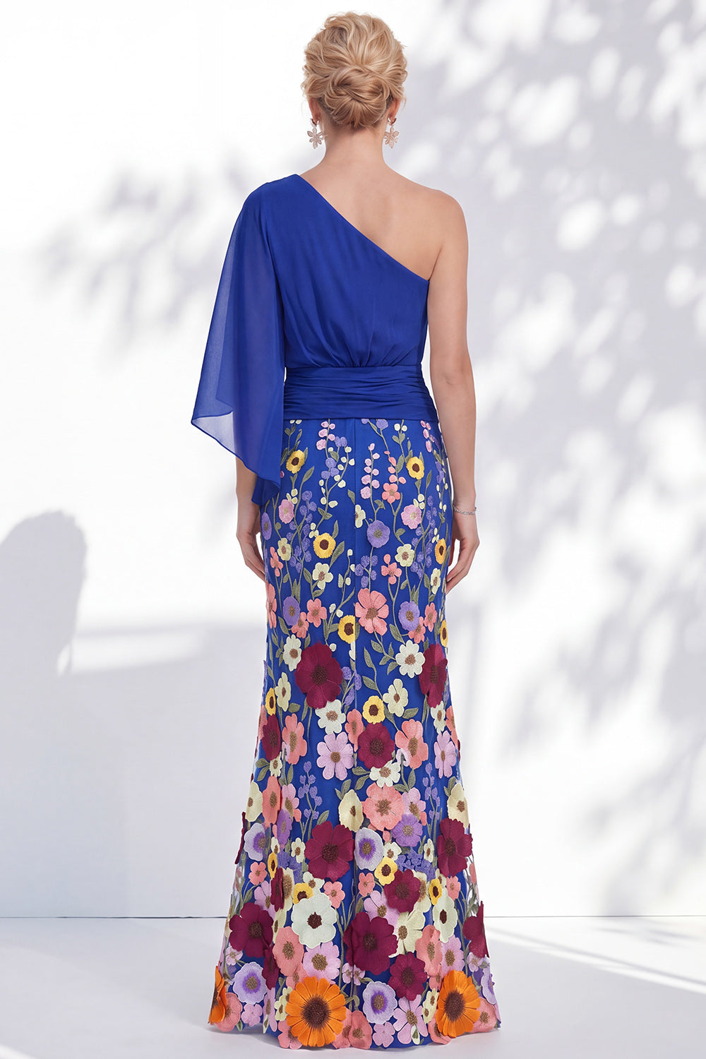 Lilac Long Floral Mermaid One Shoulder Mother of the Bride Dress with Sleeves