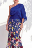 Lilac Long Floral Mermaid One Shoulder Mother of the Bride Dress with Sleeves
