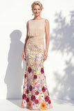 Green Long Floral Boat Neck Ruched Mermaid Mother of the Bride Dress