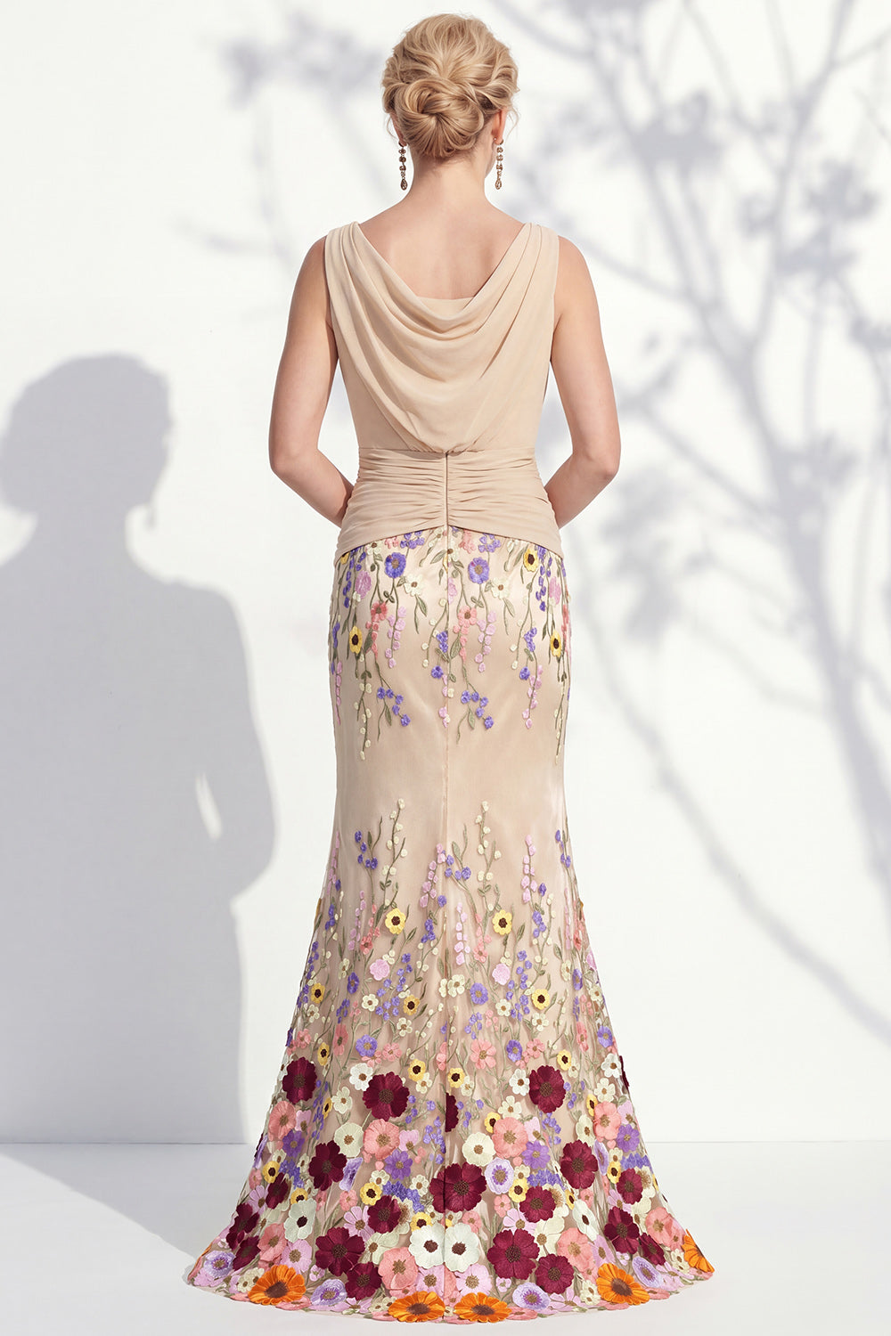 Green Long Floral Boat Neck Ruched Mermaid Mother of the Bride Dress