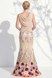 Green Long Floral Boat Neck Ruched Mermaid Mother of the Bride Dress