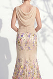 Green Long Floral Boat Neck Ruched Mermaid Mother of the Bride Dress