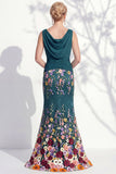 Green Long Floral Boat Neck Ruched Mermaid Mother of the Bride Dress
