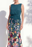 Green Long Floral Boat Neck Ruched Mermaid Mother of the Bride Dress