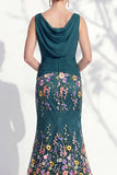 Green Long Floral Boat Neck Ruched Mermaid Mother of the Bride Dress