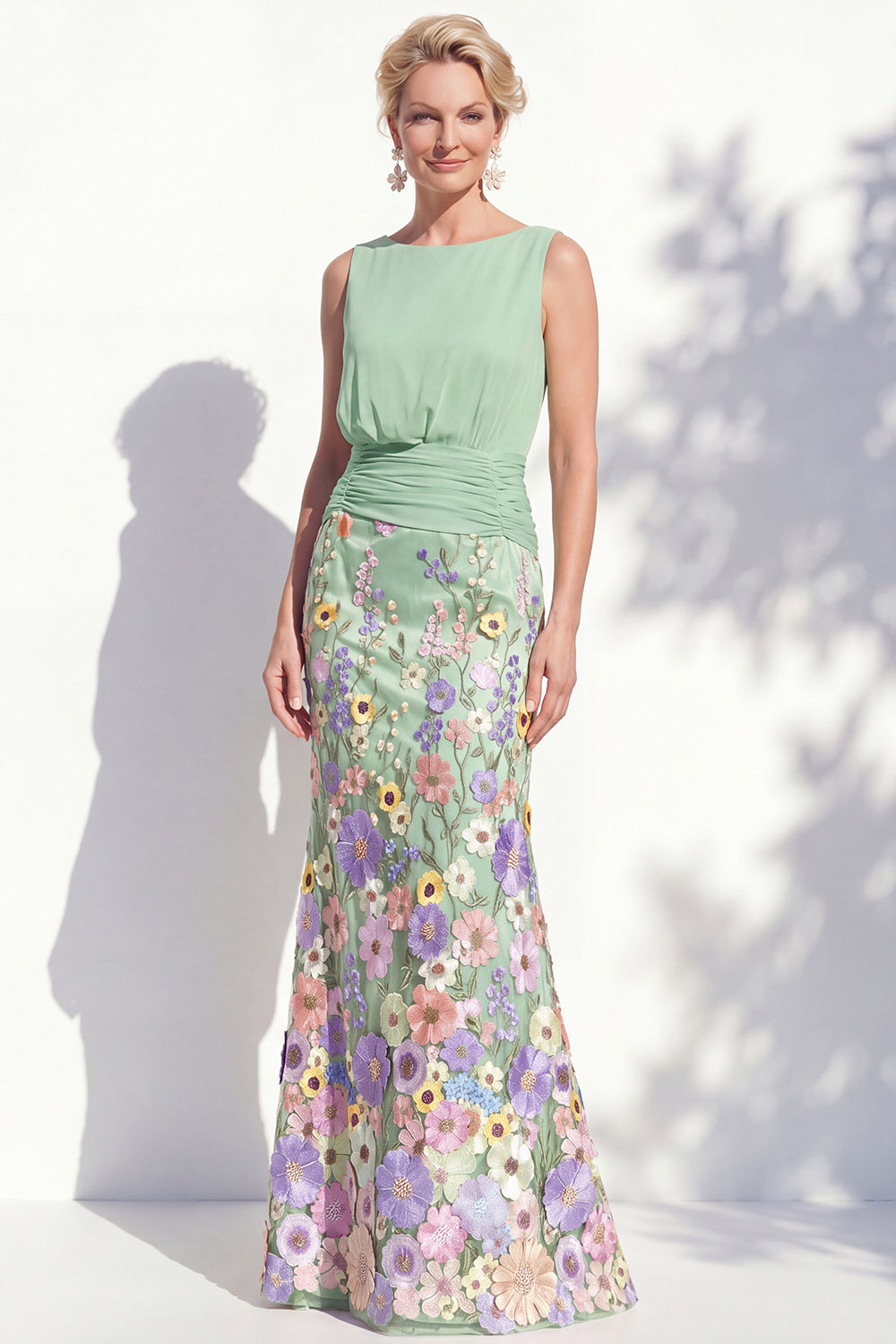 Green Long Floral Boat Neck Ruched Mermaid Mother of the Bride Dress