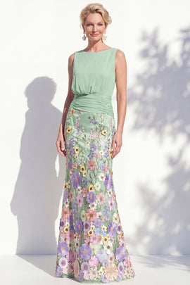 Green Long Floral Boat Neck Ruched Mermaid Mother of the Bride Dress