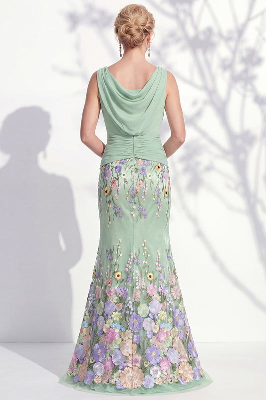 Green Long Floral Boat Neck Ruched Mermaid Mother of the Bride Dress