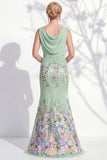 Green Long Floral Boat Neck Ruched Mermaid Mother of the Bride Dress