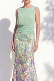 Green Long Floral Boat Neck Ruched Mermaid Mother of the Bride Dress
