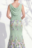Green Long Floral Boat Neck Ruched Mermaid Mother of the Bride Dress