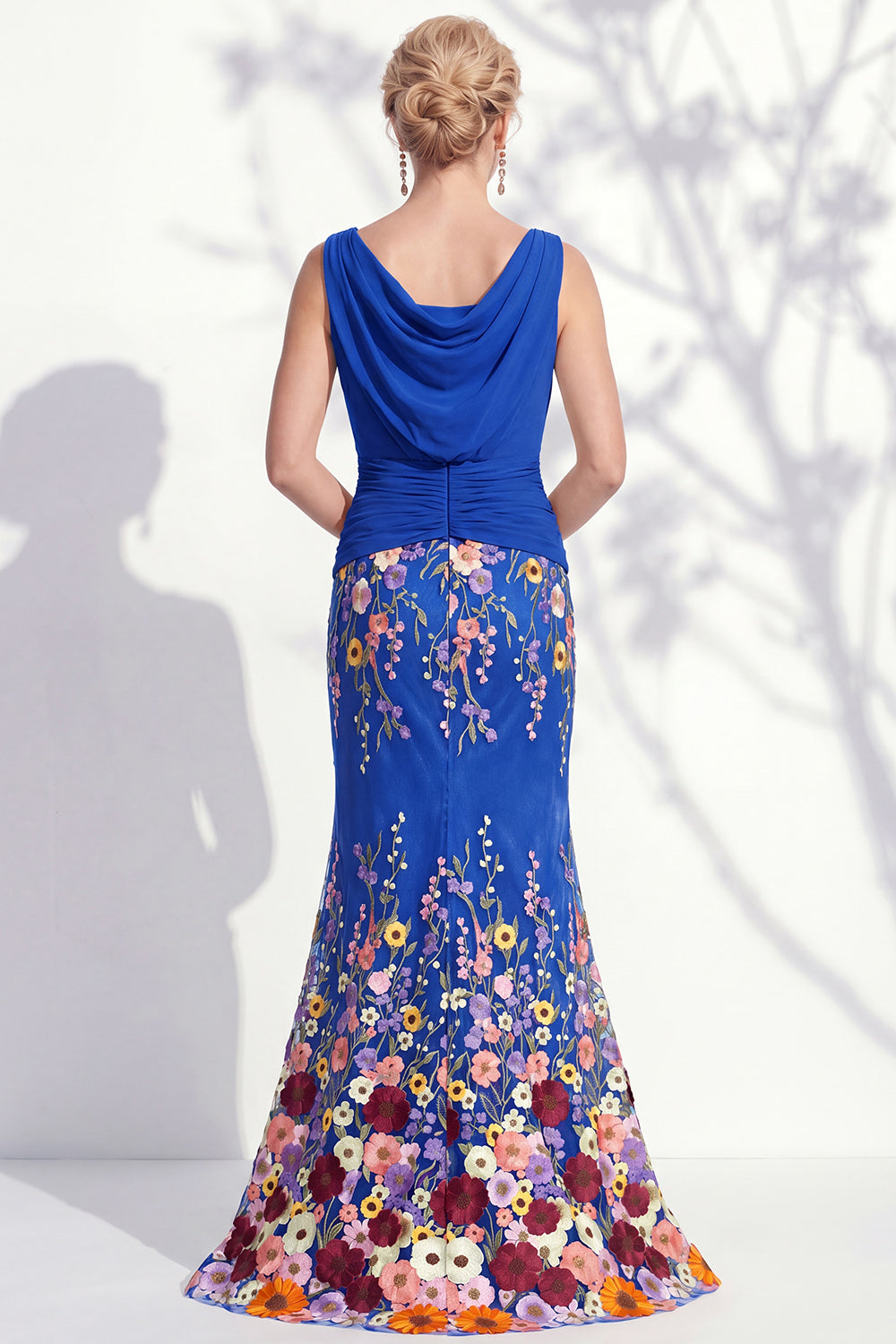 Green Long Floral Boat Neck Ruched Mermaid Mother of the Bride Dress