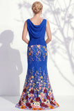Green Long Floral Boat Neck Ruched Mermaid Mother of the Bride Dress