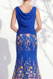 Green Long Floral Boat Neck Ruched Mermaid Mother of the Bride Dress