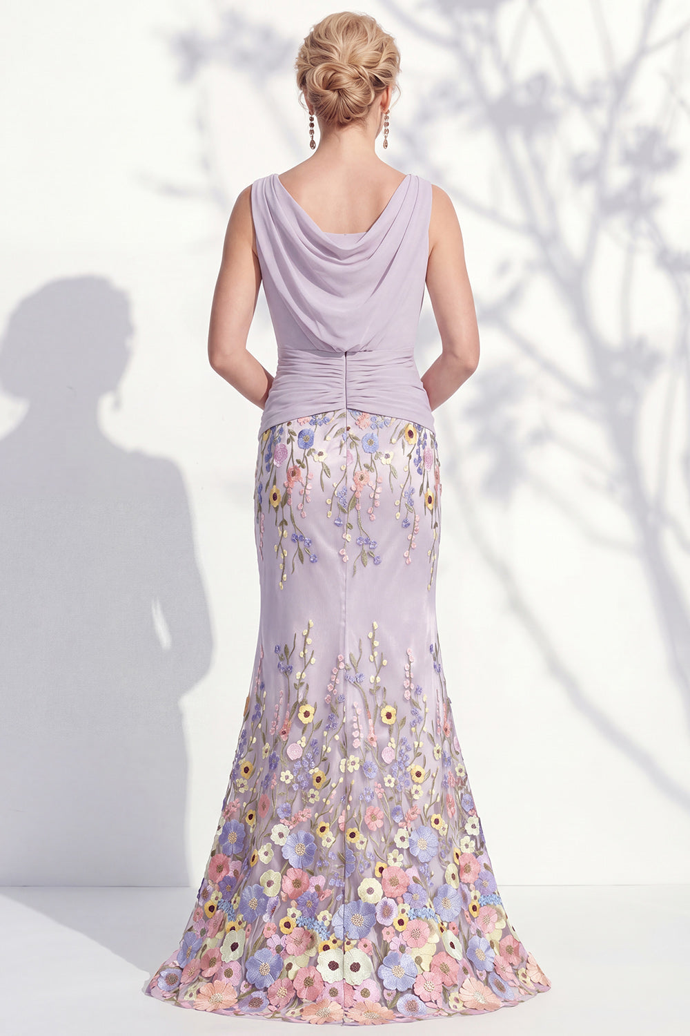 Green Long Floral Boat Neck Ruched Mermaid Mother of the Bride Dress