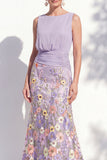 Green Long Floral Boat Neck Ruched Mermaid Mother of the Bride Dress