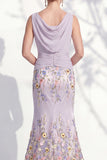 Green Long Floral Boat Neck Ruched Mermaid Mother of the Bride Dress