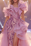 Mermaid Long Beaded Sparkly Grey Purple Ruffled Pageant Dress with Bow