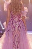 Mermaid Long Beaded Sparkly Grey Purple Ruffled Pageant Dress with Bow