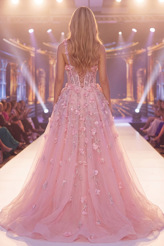 Cut Out Corset Mermaid Long Beaded Floral Sparkly Pink Pageant Dress with Cape