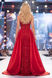 Strapless Corset Sparkly Red Mermaid Long Beaded Pageant Dress with Cape