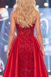 Strapless Corset Sparkly Red Mermaid Long Beaded Pageant Dress with Cape