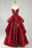 Sparkly Red Mermaid Strapless Corset Long Beaded Pageant Dress with Slit