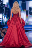 Sparkly Red Mermaid Strapless Corset Long Beaded Pageant Dress with Slit
