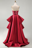 Sparkly Red Mermaid Strapless Corset Long Beaded Pageant Dress with Slit